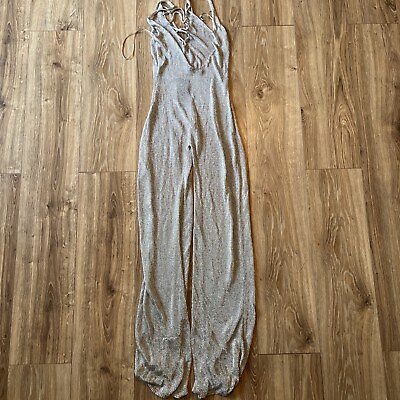 #ad Nasty Gal Metallic Strappy Back Knitted Jumpsuit Silver M Medium $9.99