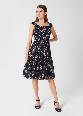 #ad HOBBS NAVY BLUE LAUREN FLORAL FIT AND FLARE DRESS UK10 £169 Worn 1 CURRENT GBP 74.99
