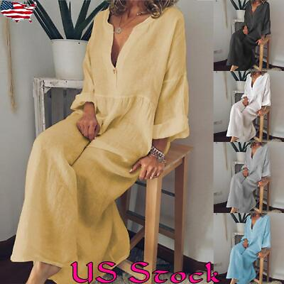 #ad Kaftan Women Cotton Linen V Neck Baggy Kaftan Maxi Dress Loose Long Sleeve Gown $23.99