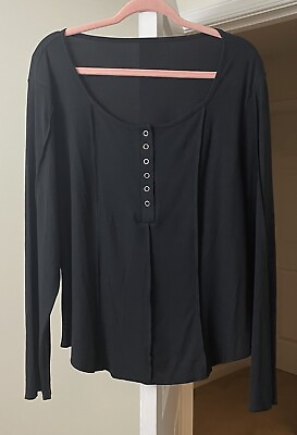 #ad Artsy Black Top Ribbed Snap Front Long Sleeve Pullover Silky Stretch Women#x27;s XXL $7.87