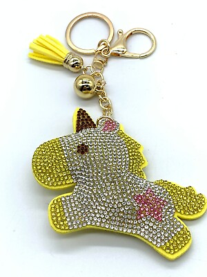 #ad Bling Unicorn Women Girl Keychain Glitter Yellow Tassel Silver Chain Accessory $18.00