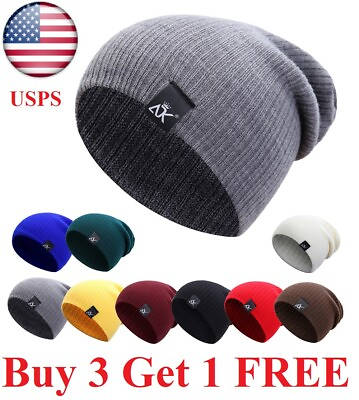 #ad Thick Beanie warm Plain Knit Hat Baggy Cap Cuff Slouchy Skull Hats Ski Men Women $6.99