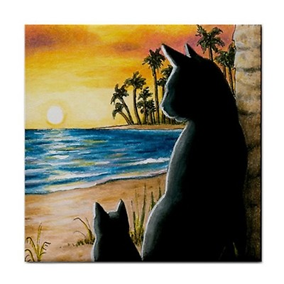 #ad Black Cat 597 Sunset Large Ceramic Tile 6x6 Printed USA art painting LDumas $24.95