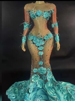 #ad Women 3D Flower Pattern Long Trail Dress Performance Costume Singer Stage Wear $172.29