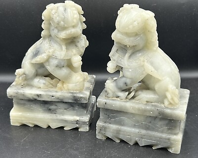 #ad Pair Vintage Soapstone Foo Dogs Temple Lions 5 3 4” Tall Hand Carved $48.00