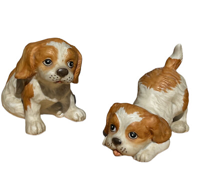 #ad Homco Playful Puppies 2 White with Tan Spots Sitting and Crouching $17.95