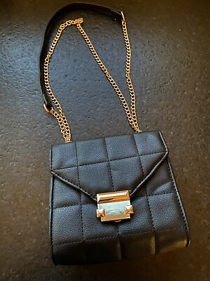 #ad Mini Black Minimalist Snap Closure Quilted Chain Crossbody Bag Gold Hardware $15.99