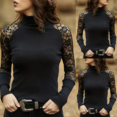 #ad Women Lace Gothic T Shirt Tops High Neck Long Sleeve Slim Steampunk Blouse Tee $17.84
