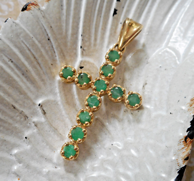 #ad Sterling Silver Gold Fill Over Sterling Emerald Cross Pendant RE38B $68.00
