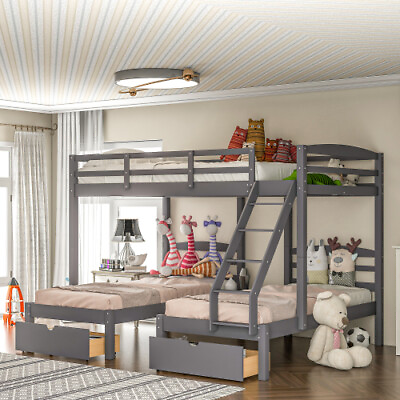 Wood Triple Bunk Bed with Drawers Full Over Twin Gray Bed Frame for Kids Adults $704.99