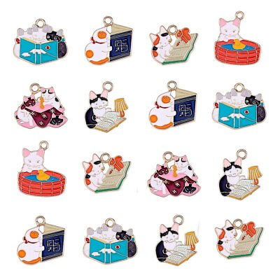 #ad #ad 30x Enamel Reading Playing Cat Charm Pendants for DIY Bracelet Jewelry Making $14.23