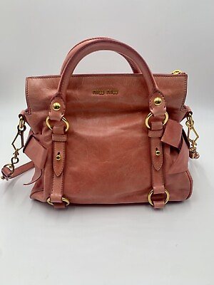 #ad Auth Miu Miu Vitello Lux Medium Pink Calfskin Metallic Sheen Bow Preloved Bag $375.00