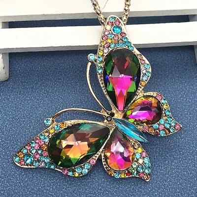#ad Sparkly Colorful Glass Rhinestone Butterfly Fashion Pendant Chain Necklace Women $15.98