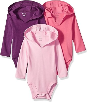 #ad Hanes Baby Long Sleeve Bodysuit Hoodie Boys amp; Girls 3 pack Purple Pink 6 12M $13.49