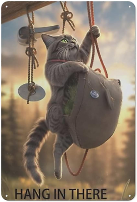 #ad Hang in There Cat Tin Sign Inspirational Kitty on the Tree Retro Wall Metal Post $18.99