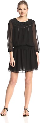 #ad Sam Edelman Dress Mini Black Chiffon Smocked Embroidery Lined Party Wedding XS $39.99