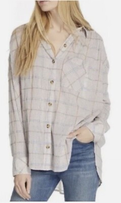 #ad FREE PEOPLE Break My Stride Check amp; Plaid Shirt Top Size Small Pink amp; Gold $16.49