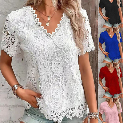 #ad Women V Neck Lace T Shirt Tops Ladies Short Sleeve Summer Casual Blouse Shirt US $14.29