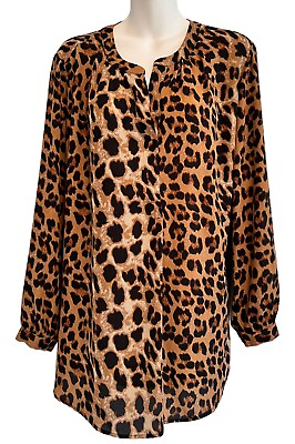 #ad Signature Studio Blouse Shirt Leopard Animal Print Long Sleeve Career Woman 1X $19.95
