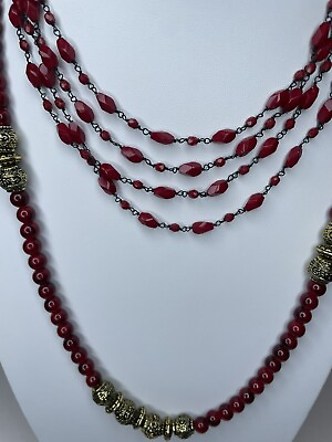 #ad Set Of 2 Red Necklaces Glass Red Gold Long amp; Faceted Red Plastic Bead Vintage $18.00
