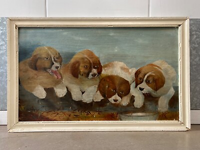 🔥 Antique Old 19th c. Primitive American Folk Art Dog Puppies Oil Painting $975.00