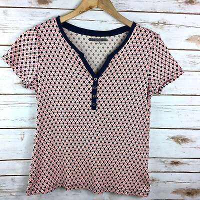 #ad Womens Navy Coral Geometric Print Cap Sleeve Top Size Small $21.99