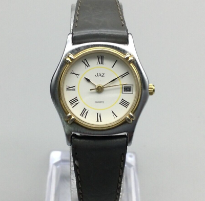 #ad Vintage Jaz Watch Women 25mm Silver Gold Two Tone Date Leather Band New Battery $26.99