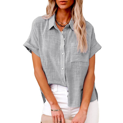 #ad Womens Cotton Linen Casual Blouse Button T Shirt Short Sleeve Tops Tunic Loose $18.19