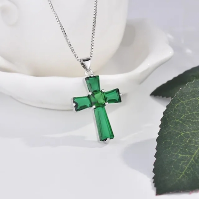 #ad Handmade Emerald Cross Pendant Real 925 Sterling Silver Party Wedding Pendants N $33.24