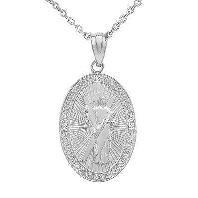 #ad 10k White Gold Saint Andrew of Assisi Diamond Medium Oval Pendant Necklace $245.99