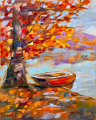 #ad Lake boat oil painting canvas ORIGINAL art Landscape fall nature artwork 16x20quot; $435.00