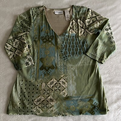 #ad Villager By Liz Claiborne Women#x27;s Green Brown Abstract Mesh Overlay Top Size L $5.95