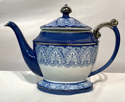 #ad Bombay Company Blue amp; White Arabesque Tile Pattern Tea Pot Lid Nickel Plated Rim $45.00