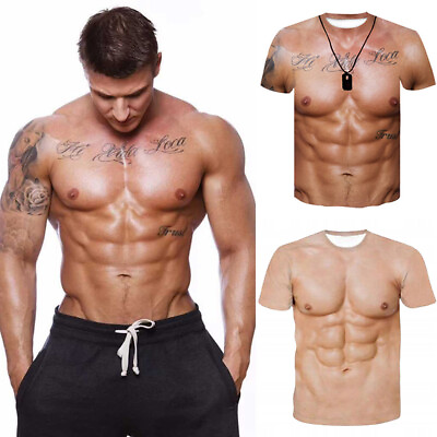 #ad Men Funny Muscle Tattoo 3D Digital Printed T Shirt Short Sleeve Tops Pullover US $3.32