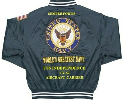 #ad USS INDEPENDENCE CV 62 CARRIER NAVY EMBROIDERED SATIN JACKET BACK ONLY $169.95