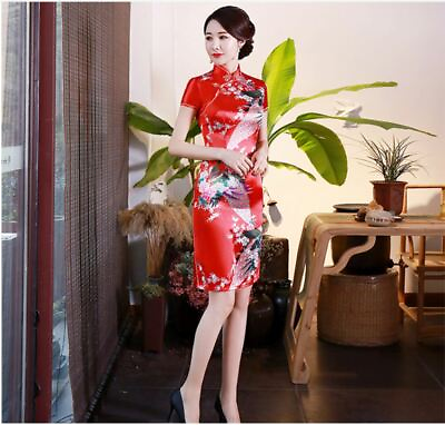 #ad Luxurious China Red Satin Phoenix Chinese Short Dress Cheongsam Qipao lcdress80 GBP 12.99