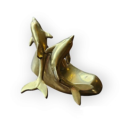 #ad Brass Dolphin Pair On Wave Vintage Hawaii Nautical Figurine Marine Ocean $18.00