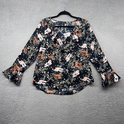#ad Sanctuary Womens Blouse Multicolor Floral Long Bell Sleeve V Neck Ruffles Size S $11.10