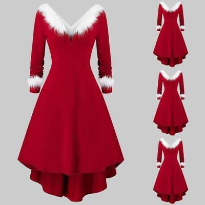 #ad Women Christmas Faux Fur Mini Dress Long Sleeve Mrs. Santa Vintage Dress Gown $23.84