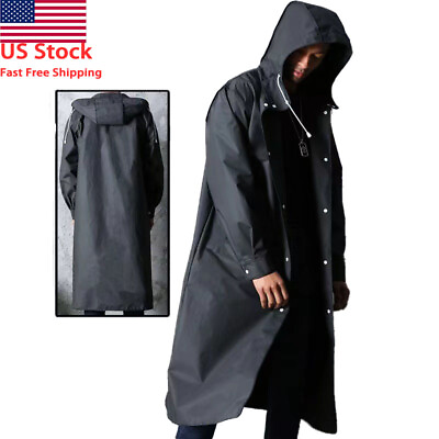 #ad Men Black Waterproof Long Raincoat Rain Coat Hooded Trench Jacket Outdoor Hiking $11.39