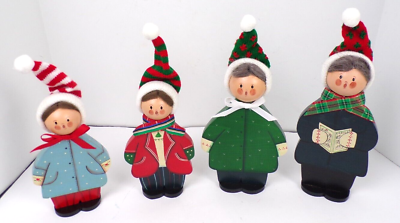 #ad Vintage Christmas Carolers Set of Four Wooden Knitted Caps Hats Bows 9quot; 7quot; $35.00
