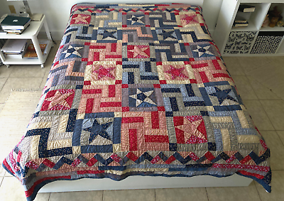 #ad VTG Handmade Hand Quilted 100% Cotton Queen Quilt 86x96 Patriotic Theme $349.99