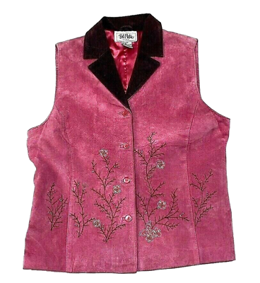 #ad Bob Mackie Wearable Leather Art Vest Womens 10 Pink Brn Lined Embroidered Beaded $45.00