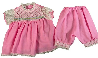 #ad Vintage Girls Outfit Set 2 Pink Short Sleeves Round Neck Elastic Waist Lace $9.99