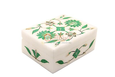 #ad 4quot;x3quot;x2quot; White Marble Jewelry Storage Box Malachite Inlay Floral Wedding Gifts $193.50