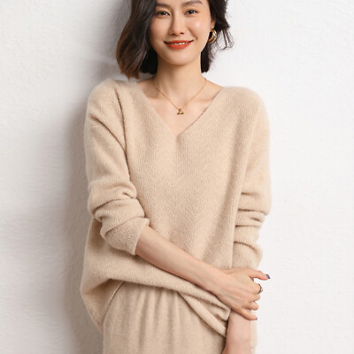 #ad 2023 Winter New Cashmere Women#x27;s V neck LooseWool Top Jacquard Knitted Sweaters $133.07