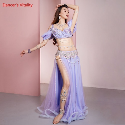 Female Belly Dance Suit Diamond Studded Bra Split Skirt Performance Clothes Set $312.22