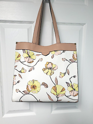 #ad Floral Print Button Top Tote Handbag A New Day Off White And Taupe Handle $15.98