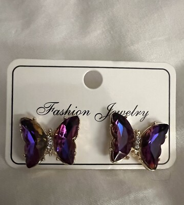 #ad Butterfly Crystals Earrings Purple NWT $6.60