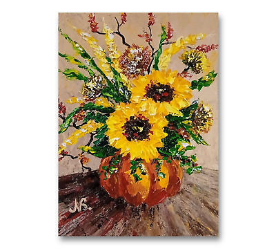 #ad Impressionism Original Art Painting Beautiful Sunflowers Pumpkin 7x5 inch $50.00